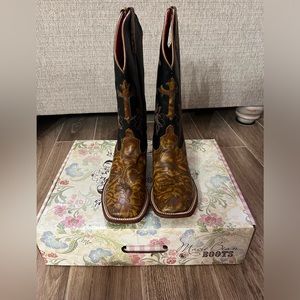 Macie Bean Western Boots with Tan Floral Foot and a Double Stitch Square Toe